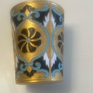 Vintage Russian Gilded Brass Vodka Shot Glass Blues and Gold